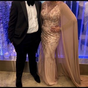 Nude long sleeve cape dress with beading